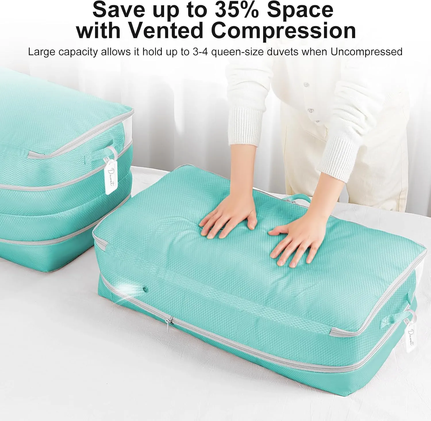 Comforter Storage Bag - Large Capacity Bedding Storage Bags Ultra Space Saving Self Compression Organizer, Washable Compression Bags for Storage Comforter Blanket Duvet Pillow, 2-Pack, Blue