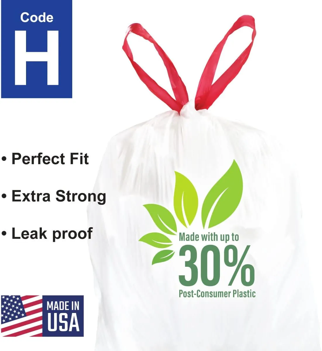 Compatible With Simplehuman Code H - 100 Count Durable Custom Fit Plastic Trash Bags w/Drawstring - 30-35 Liter/ 8-9 Gallon Trash Cans - Heavy Duty Garbage Bag - Made in USA