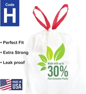 Compatible With Simplehuman Code H - 100 Count Durable Custom Fit Plastic Trash Bags w/Drawstring - 30-35 Liter/ 8-9 Gallon Trash Cans - Heavy Duty Garbage Bag - Made in USA