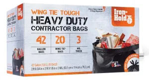 Contractor Trash Bags - 42 Gallon, 20 Bags, Wing Tie Closure, 3 MIL Thick, Gusseted Bottom, Black - Heavy Duty Industrial Strength Garbage Bags