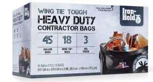 Contractor Trash Bags - 45 Gallon, 18 Bags, Wing Tie Closure, 3 MIL Thick, Gusseted Bottom, Black - Heavy Duty Industrial Strength Garbage Bags