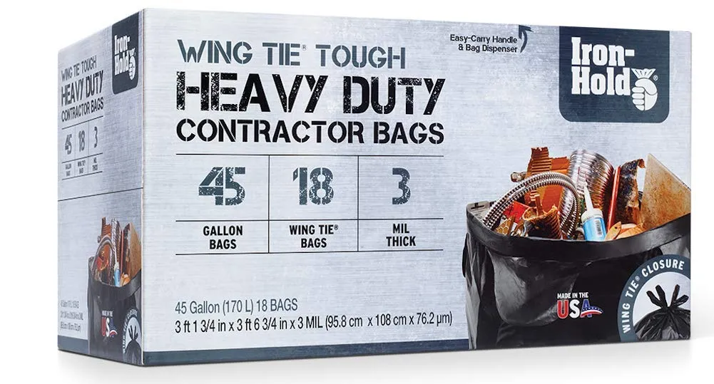 Contractor Trash Bags - 45 Gallon, 18 Bags, Wing Tie Closure, 3 MIL Thick, Gusseted Bottom, Black - Heavy Duty Industrial Strength Garbage Bags