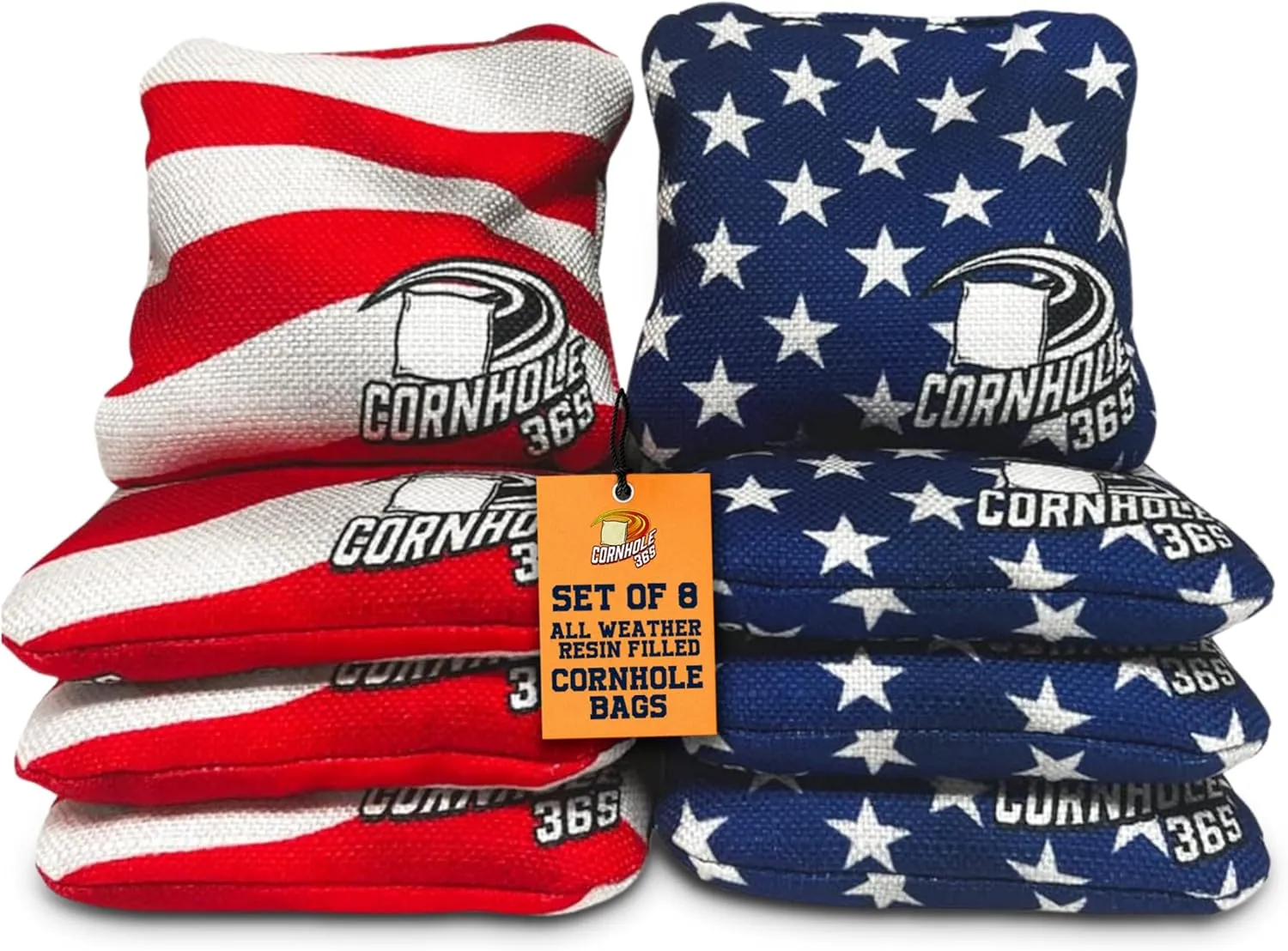Cornhole365 Themed Cornhole Bag - All-Weather, Heavy-Duty & Durable Polyester Fabric, Resin Filling, Double-Stitched Duck Cloth - Professional Cornhole Bean Bags for Indoor & Outdoor Use - Set of 8