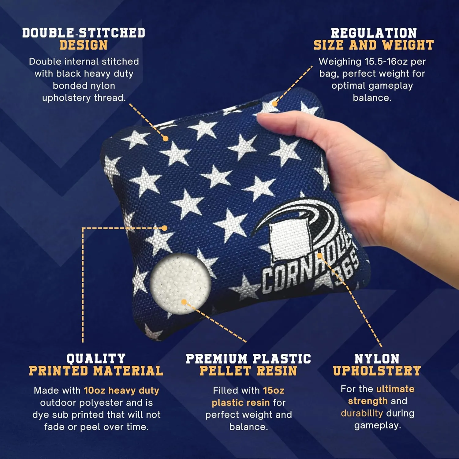 Cornhole365 Themed Cornhole Bag - All-Weather, Heavy-Duty & Durable Polyester Fabric, Resin Filling, Double-Stitched Duck Cloth - Professional Cornhole Bean Bags for Indoor & Outdoor Use - Set of 8