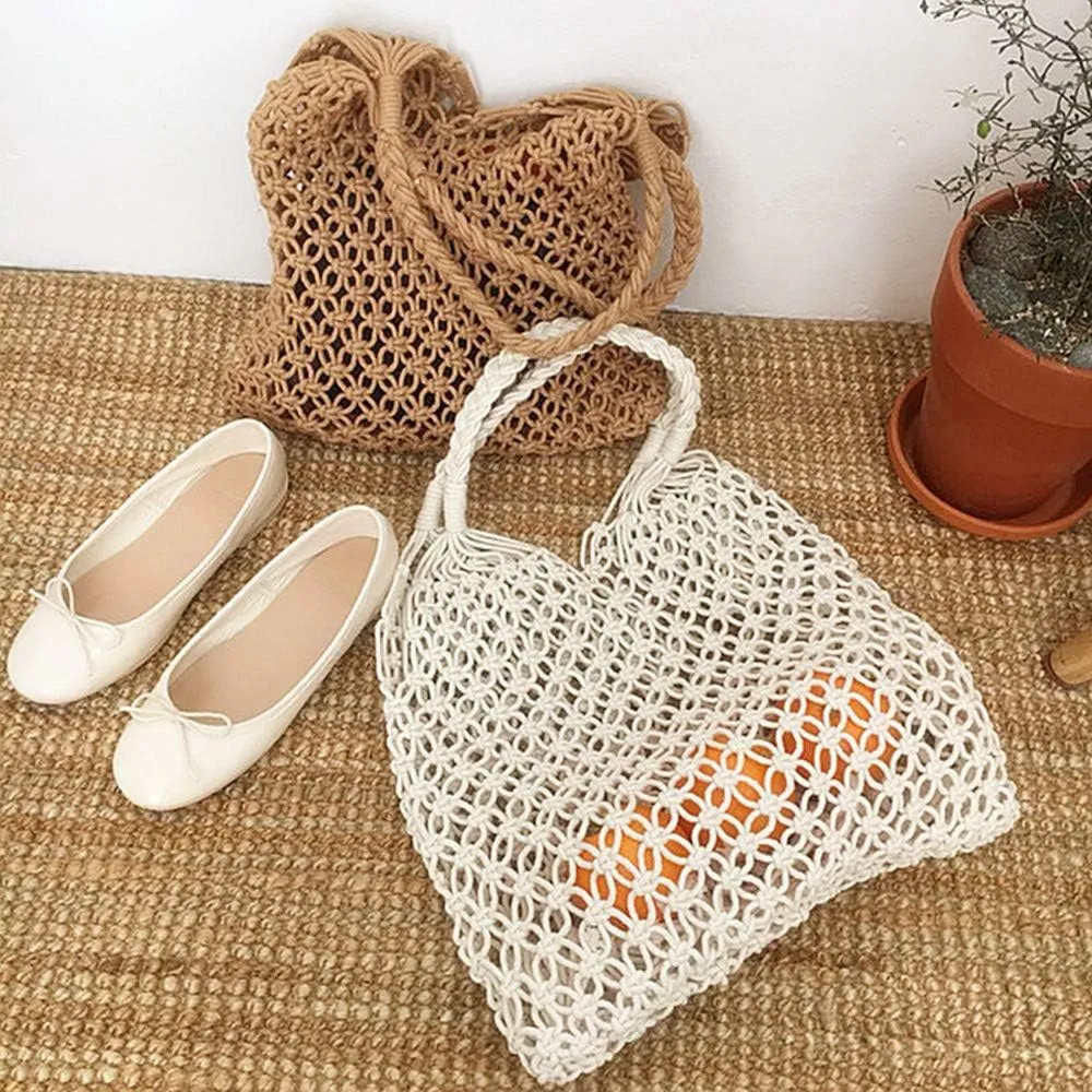 Cotton Rope Travel Beach Fishing Net Handbag Shopping Woven Shoulder Bag for Women