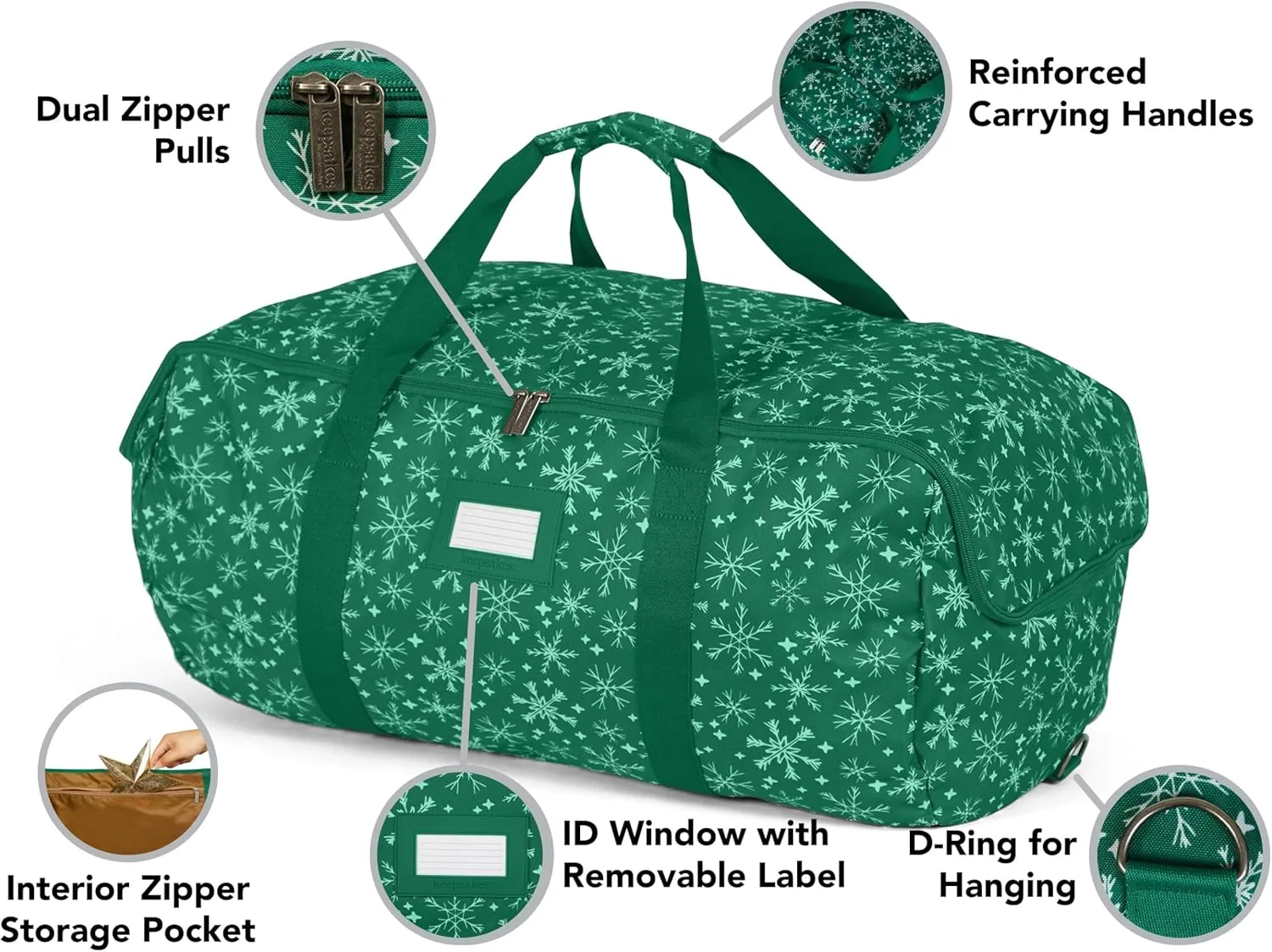Covermates Keepsakes Garland Duffle Bag – Durable Polyester, Reinforced Handles, Fits up to 25 Foot Garland Depending on Thickness - Holiday Storage, Green Snowflake
