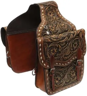 Cow Hide Genuine Leather Western Trail Tooling Carving Horse Saddle Bag, Size: 10” L x 10” W x 3 ½” D M104