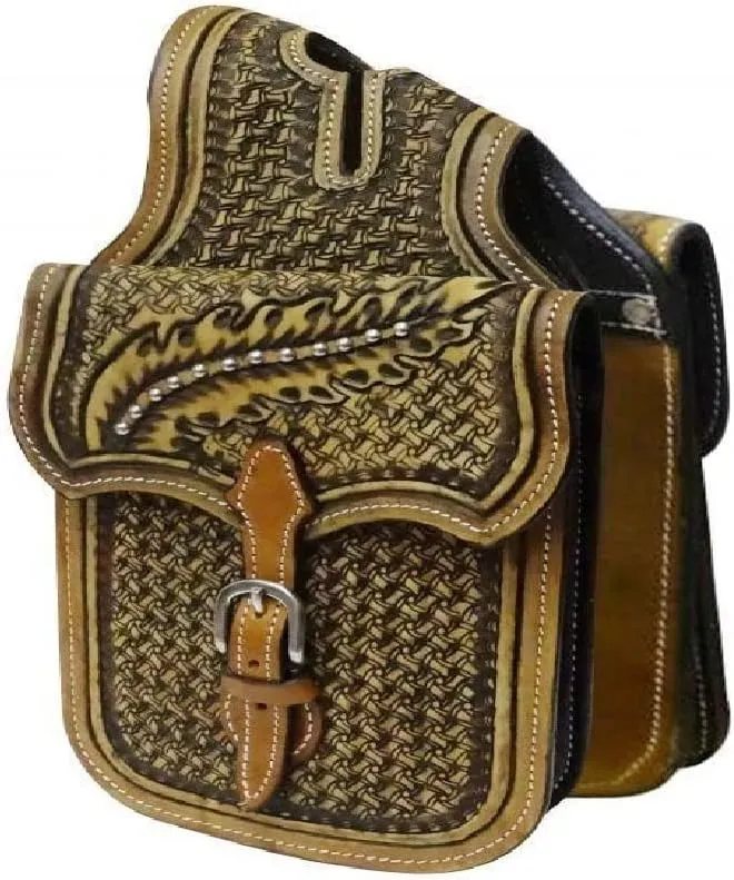 Cow Hide Genuine Leather Western Trail Tooling Carving Horse Saddle Bag, Size: 10” L x 10” W x 3 ½” D M105