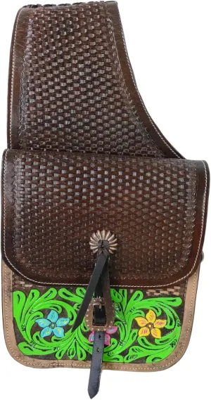 Cow Hide Genuine Leather Western Trail Tooling Carving Horse Saddle Bag, Size: 10” L x 10” W x 3 ½” D M154