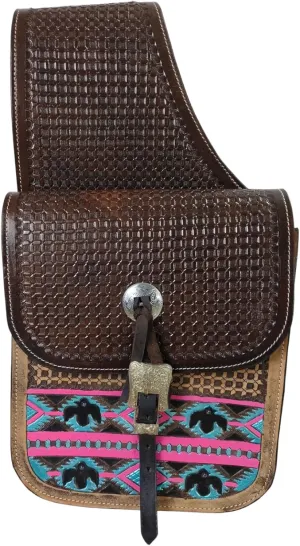 Cow Hide Genuine Leather Western Trail Tooling Carving Horse Saddle Bag, Size: 10” L x 10” W x 3 ½” D M157