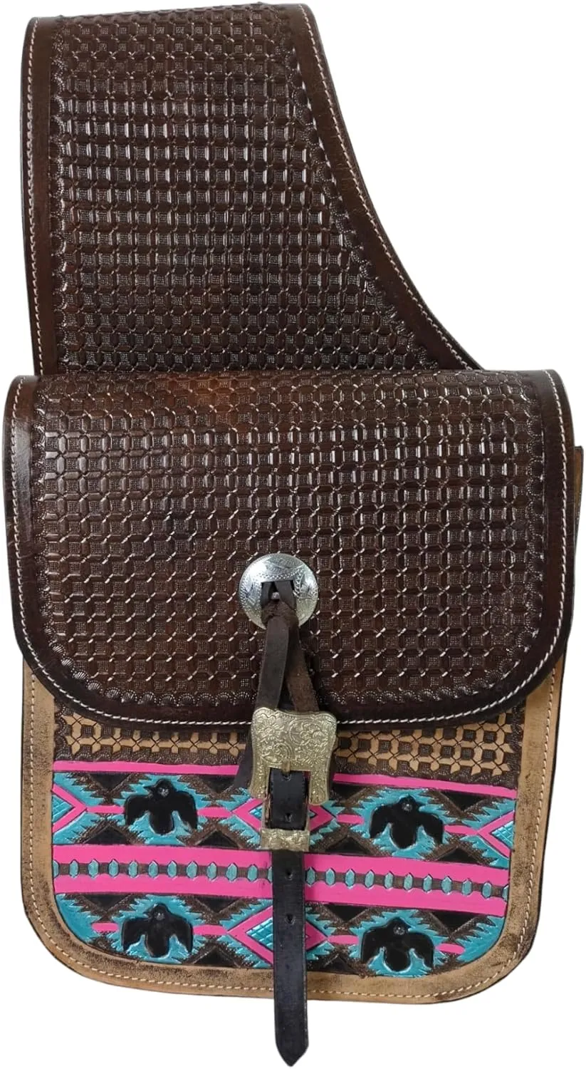Cow Hide Genuine Leather Western Trail Tooling Carving Horse Saddle Bag, Size: 10” L x 10” W x 3 ½” D M157