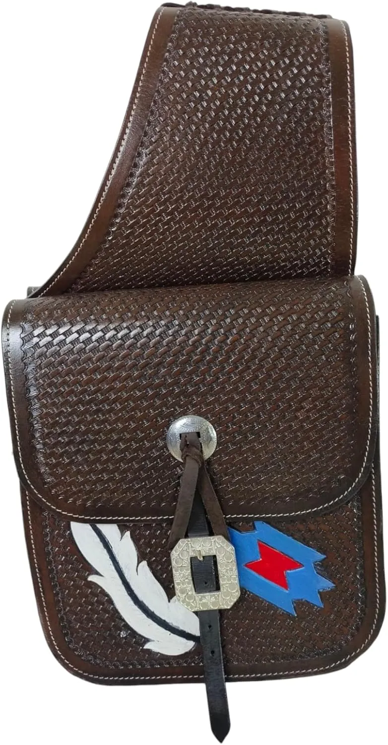 Cow Hide Genuine Leather Western Trail Tooling Carving Horse Saddle Bag, Size: 10” L x 10” W x 3 ½” D M158