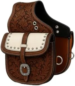 Cowhide Genuine Leather Western Equestrian Trail Tooling Carving Horse Saddle Bag Tooled Carved Pack Equipment Horse Saddle Bags Size: 10” L x 10” W x 3 ½” D inches M 4