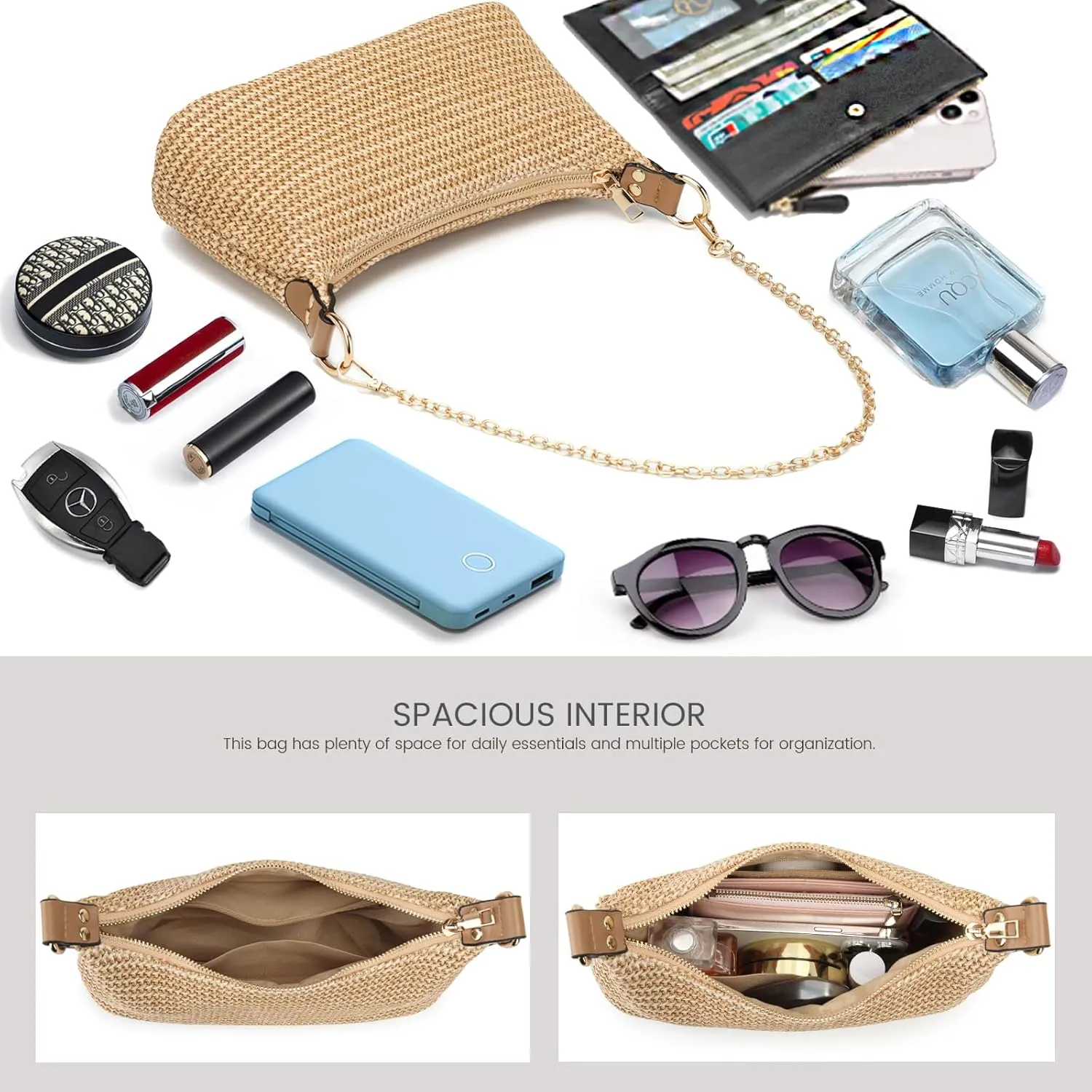 CROJUYI Straw Shoulder Bag for Women Soft Small Woven Shoulder Purse Handbag,Beach Tote Straw Bag for Summer