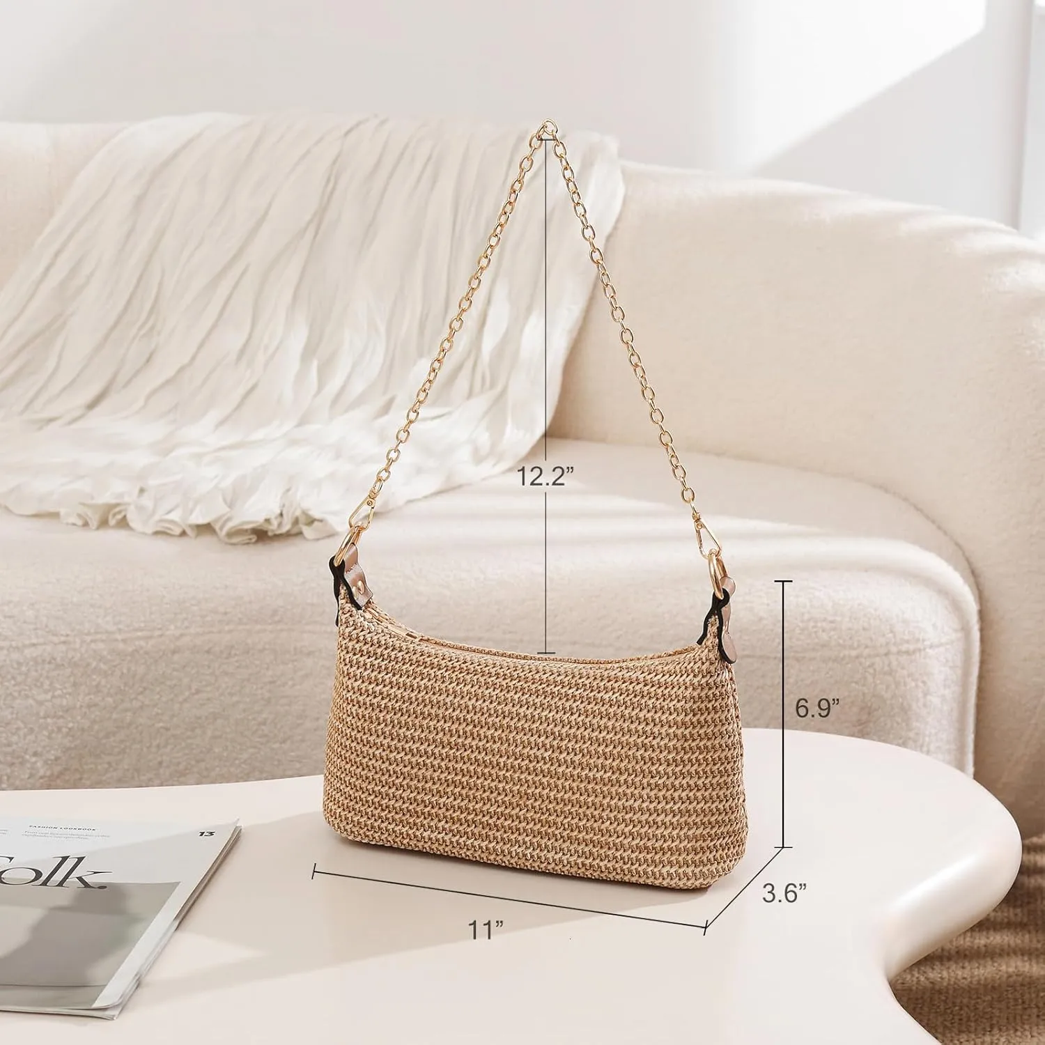 CROJUYI Straw Shoulder Bag for Women Soft Small Woven Shoulder Purse Handbag,Beach Tote Straw Bag for Summer