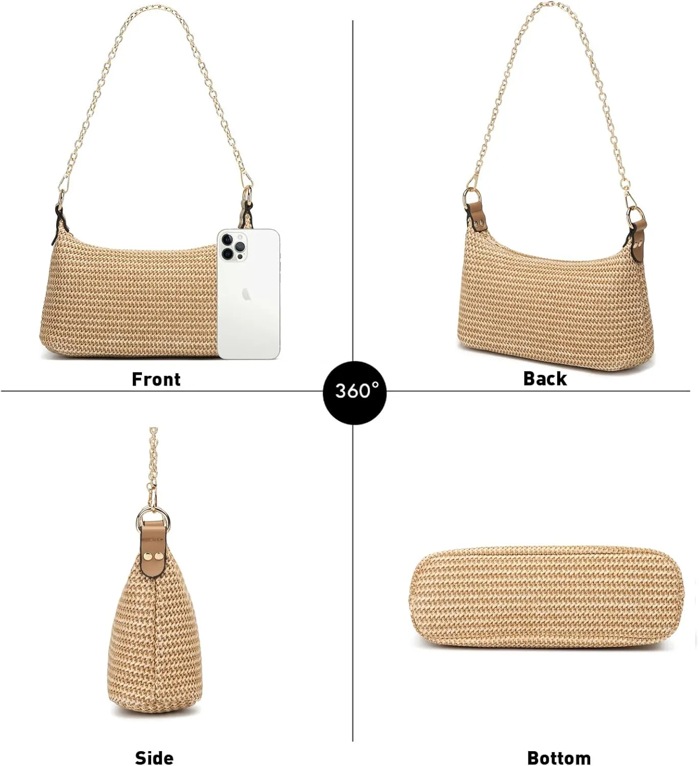 CROJUYI Straw Shoulder Bag for Women Soft Small Woven Shoulder Purse Handbag,Beach Tote Straw Bag for Summer