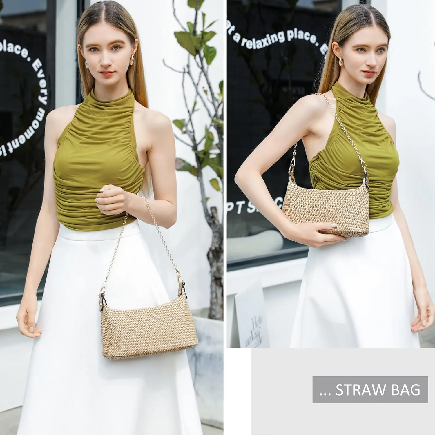 CROJUYI Straw Shoulder Bag for Women Soft Small Woven Shoulder Purse Handbag,Beach Tote Straw Bag for Summer