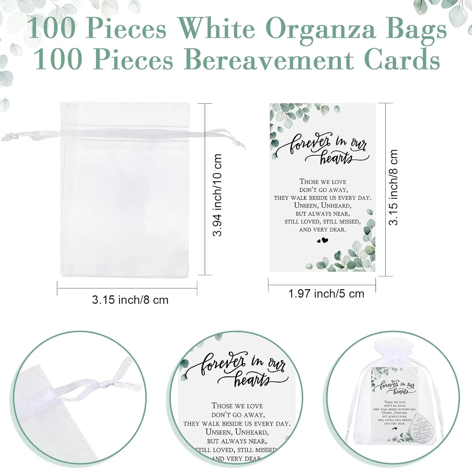 Ctosree 100 Sets Mini Tear Shaped Memorial Ornament Includes Tear Drop Shaped Ornament Memorial Pocket Token Funeral Prayer Cards and Organza Bags for Funeral Sympathy Gifts