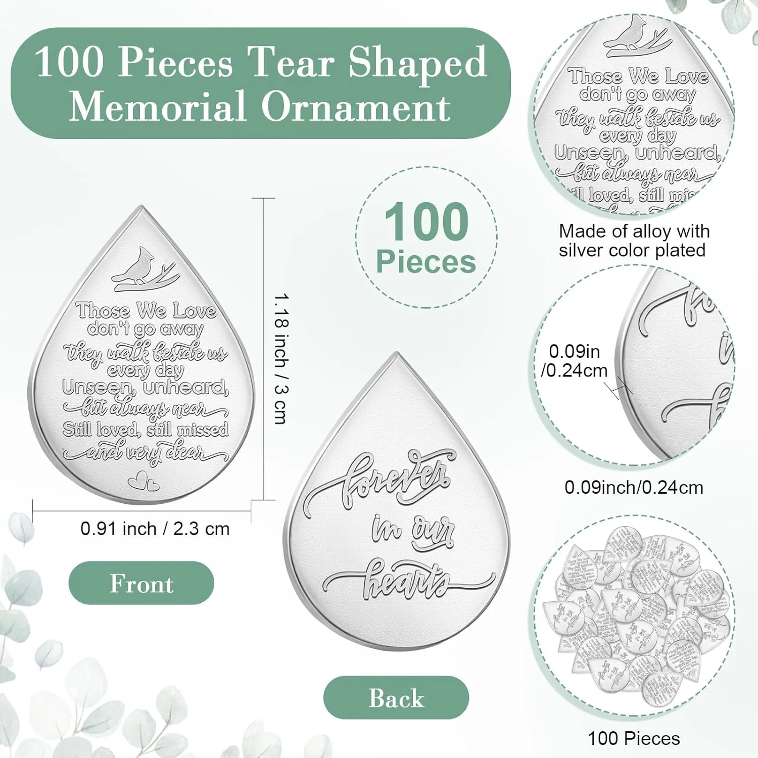 Ctosree 100 Sets Mini Tear Shaped Memorial Ornament Includes Tear Drop Shaped Ornament Memorial Pocket Token Funeral Prayer Cards and Organza Bags for Funeral Sympathy Gifts