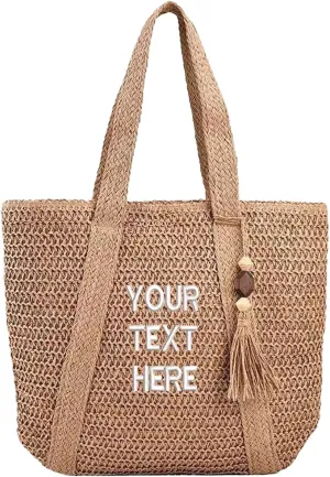 Custom Embroidery Straw Beach Bag with Your Text/Name,Personalized Women Woven Tote Bag,Handbag for Travel,Vacation