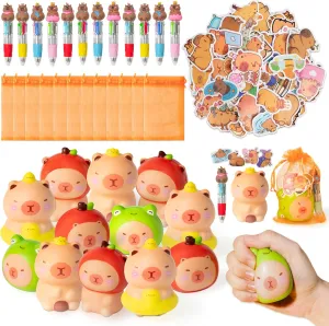CY2SIDE 12 Pack Capybara Squeeze Toys Party Favor Gift Set, Included Random Slow Rising Squishy Toys 4-in-1 Ballpoint Pen Stickers and Organza Bag, Capybara Party Goodie Bag Fillers for Kids Rewards