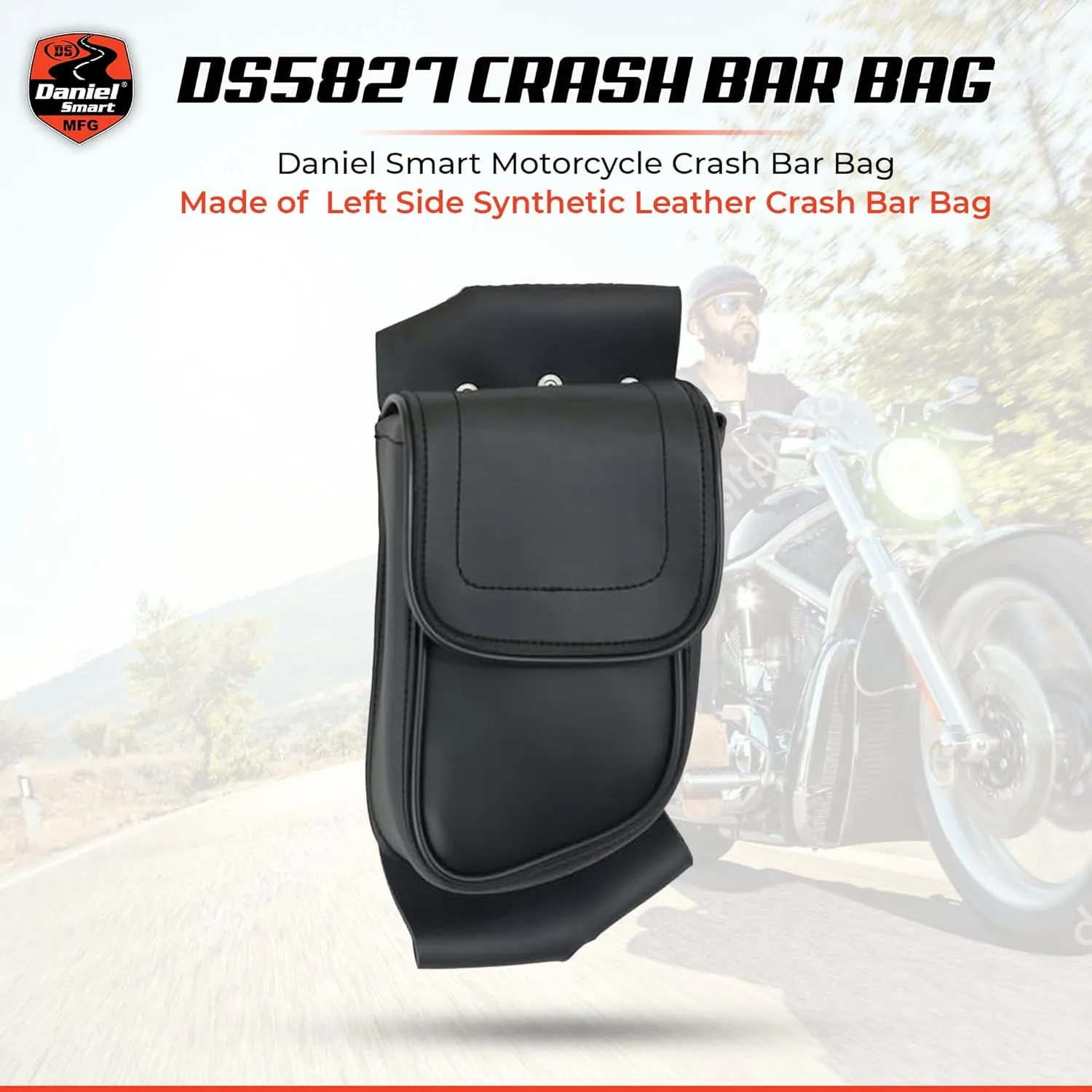 Daniel Smart Motorcycle Leather Crash Bar Bag - Left Side Saddlebag Guard bag Storage Pouch Snap Closure. (CRASH BAR BAG LEFT SIDE)