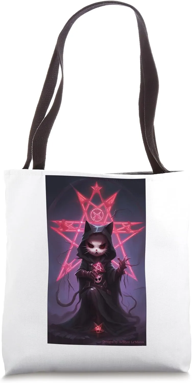 Dark Witch Kitty Hail Satan Pentagram Goth Tote Bag