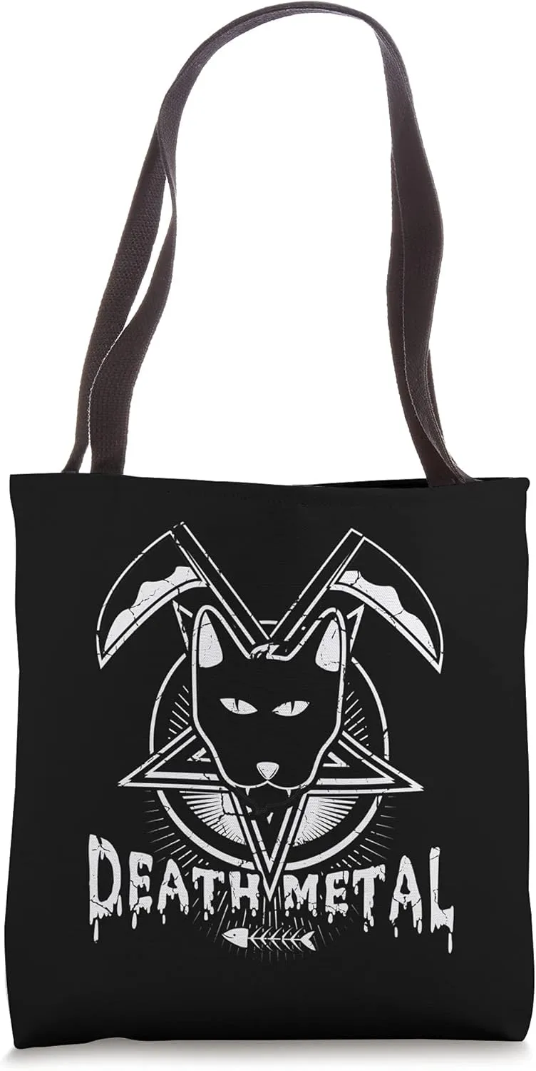 Death Metal Cat Hail Satan Kitten Black Heavy Rock Music Tote Bag