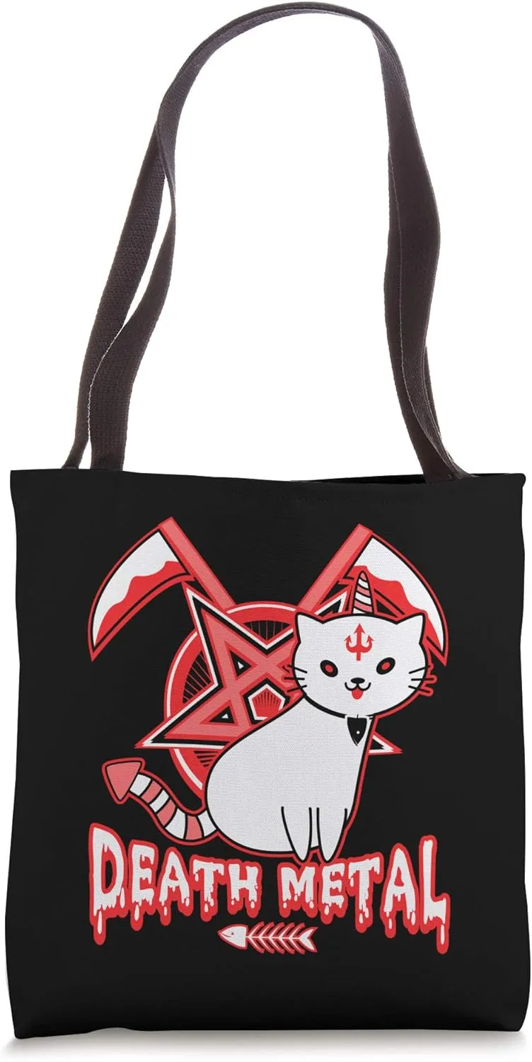 Death Metal Cat Hail Satan Kitten Black Heavy Rock Music Tote Bag