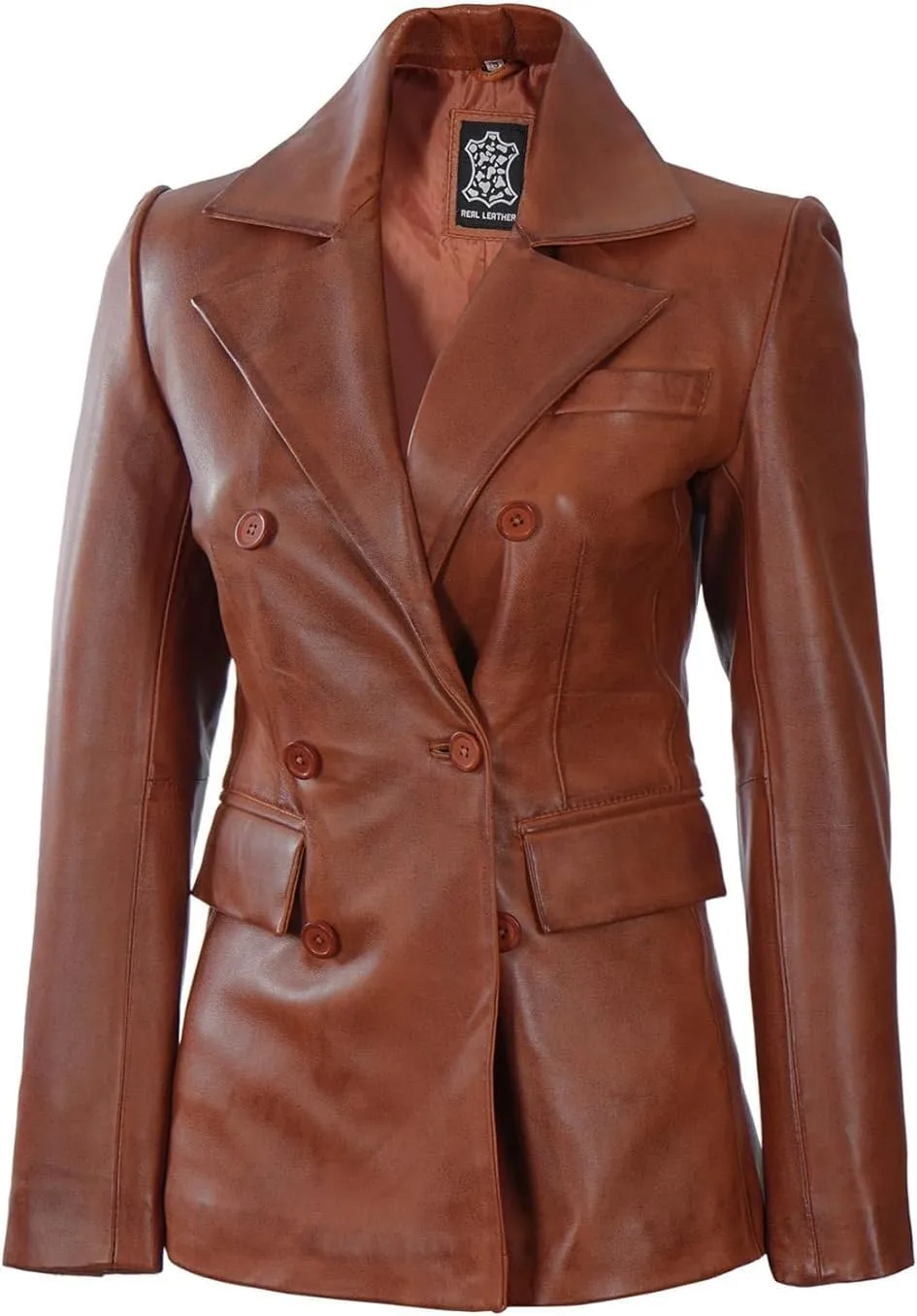 Decrum Leather Blazer Women - Classic Double Breasted Coat Women Elegant Brown and Black Blazer Jacket for Womens