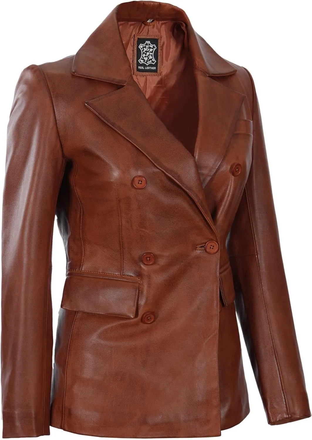 Decrum Leather Blazer Women - Classic Double Breasted Coat Women Elegant Brown and Black Blazer Jacket for Womens