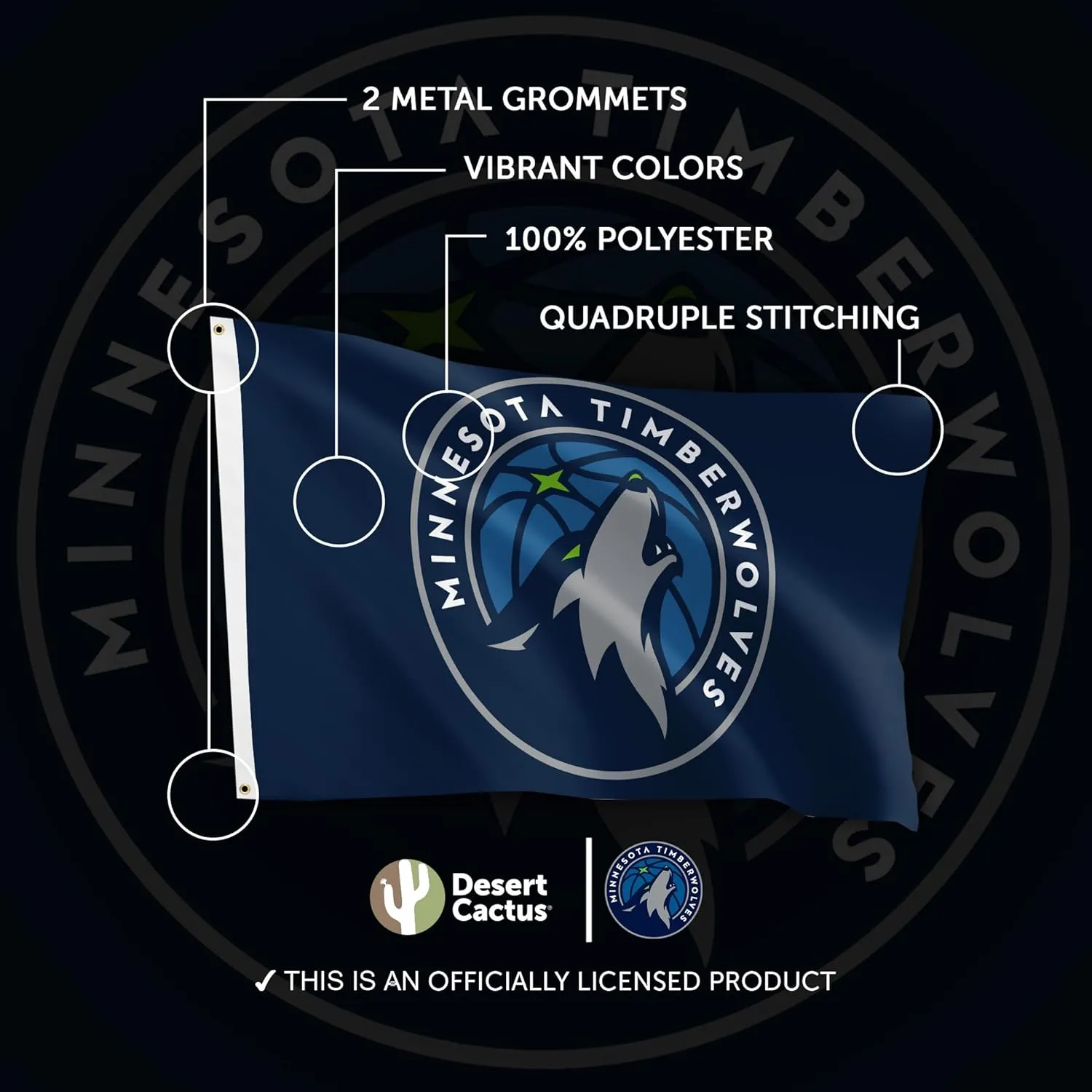 Desert Cactus Minnesota Timberwolves Flag NBA 100% Polyester Indoor Outdoor 3x5 feet National Basketball Association Team Flags (Flag #1)