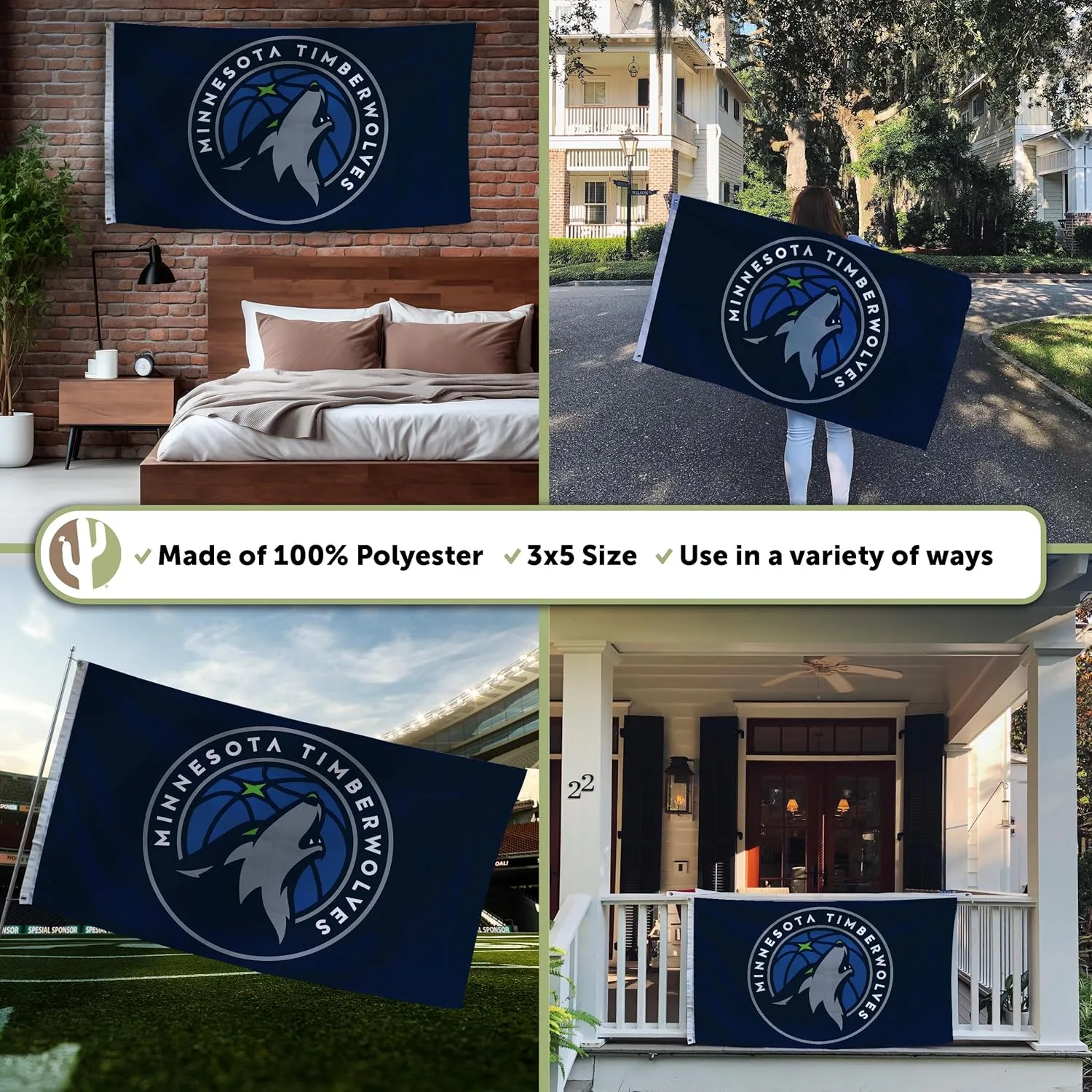 Desert Cactus Minnesota Timberwolves Flag NBA 100% Polyester Indoor Outdoor 3x5 feet National Basketball Association Team Flags (Flag #1)