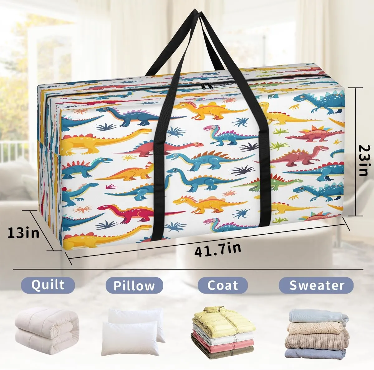 Dinosaur Cute Dino Extra Large Moving Bags with Zippers & Carrying Handles, XXL Heavy-Duty Storage Tote Moving Boxes for Space Saving