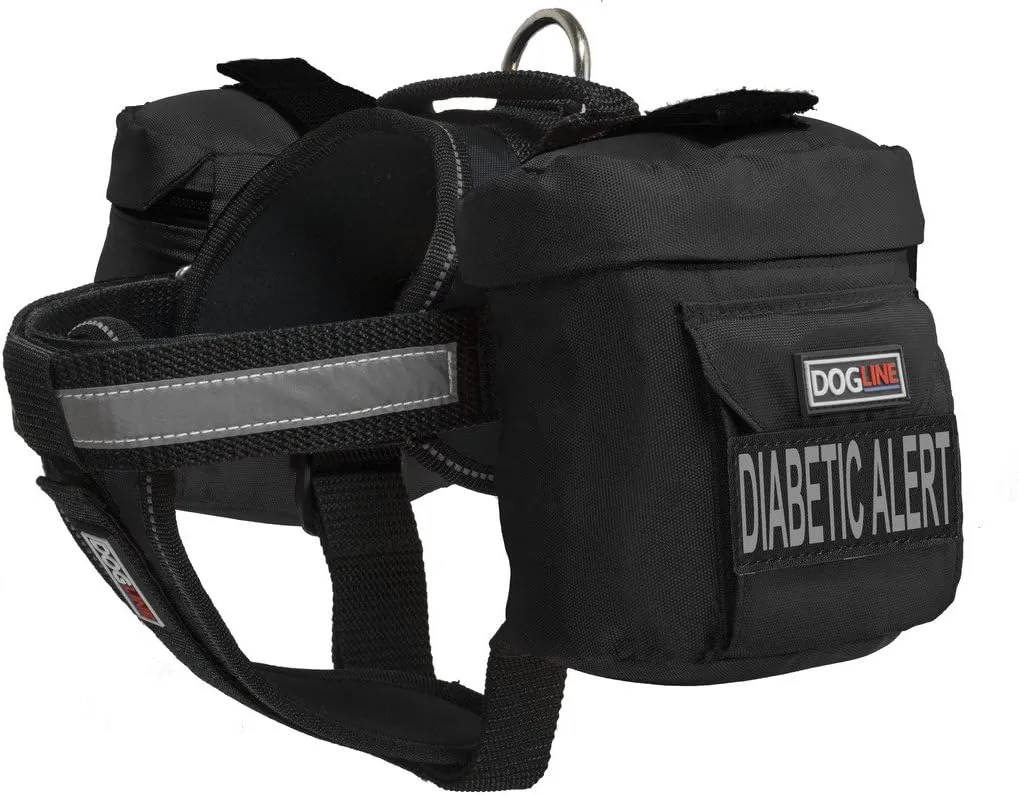 Dogline Unimax Multi-Purpose Vest Harness for Dogs with 2 Removable Diabetic Alert Patches and 2 Removable Side Utility Bags (Black, Large (28" - 38"))