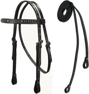 Double Layered Leather Crystal Browband Headstall with Spots & Split Reins