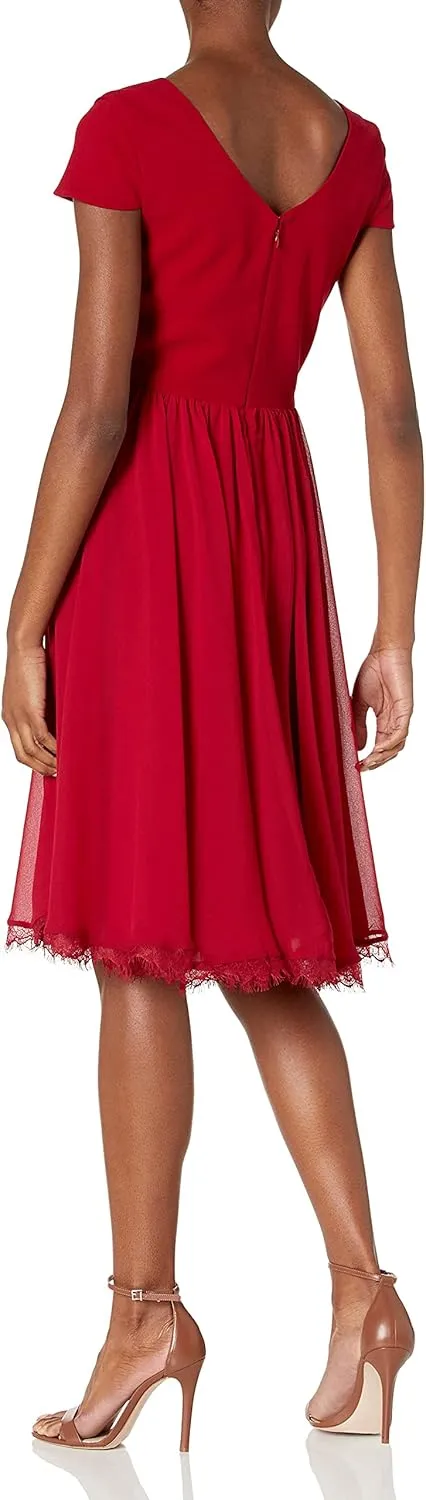 Dress the Population Women's Corey Plunging Mix Media Cap Sleeve A-line Midi Dress