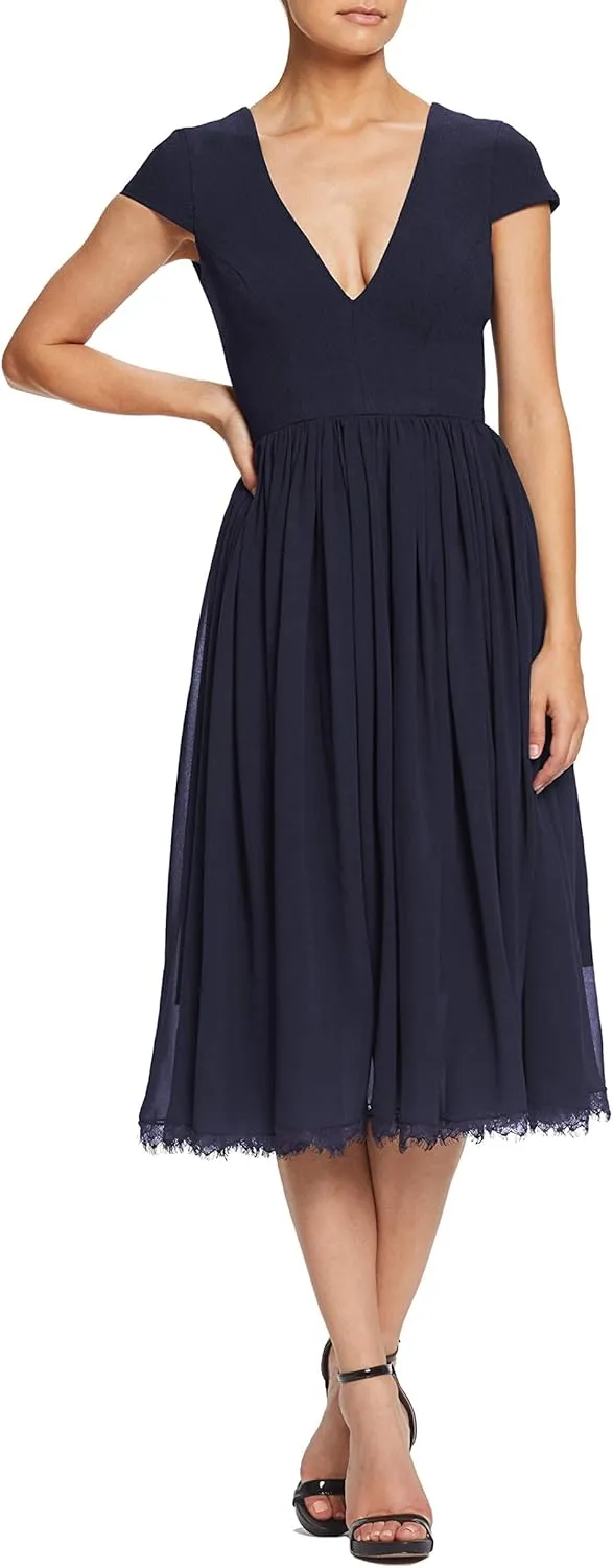Dress the Population Women's Corey Plunging Mix Media Cap Sleeve A-line Midi Dress
