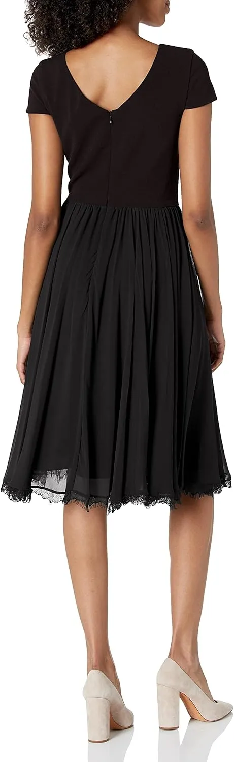 Dress the Population Women's Corey Plunging Mix Media Cap Sleeve A-line Midi Dress