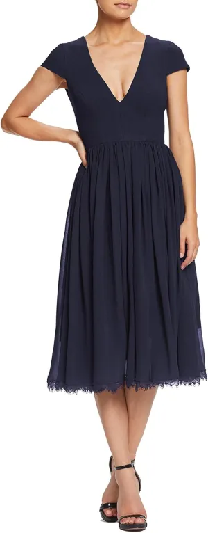 Dress the Population Women's Corey Plunging Mix Media Cap Sleeve A-line Midi Dress