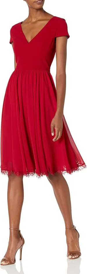 Dress the Population Women's Corey Plunging Mix Media Cap Sleeve A-line Midi Dress