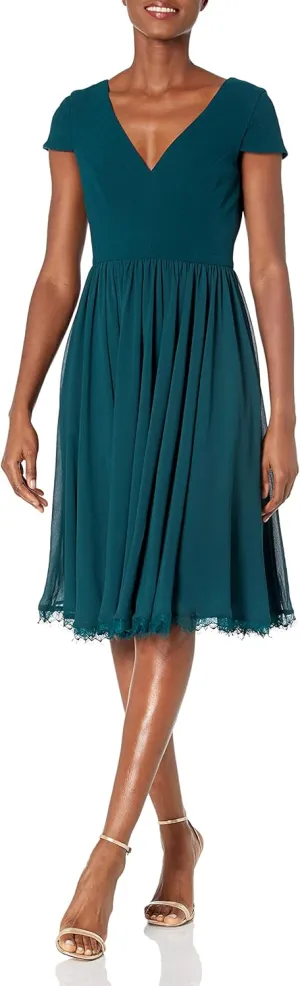 Dress the Population Women's Corey Plunging Mix Media Cap Sleeve A-line Midi Dress