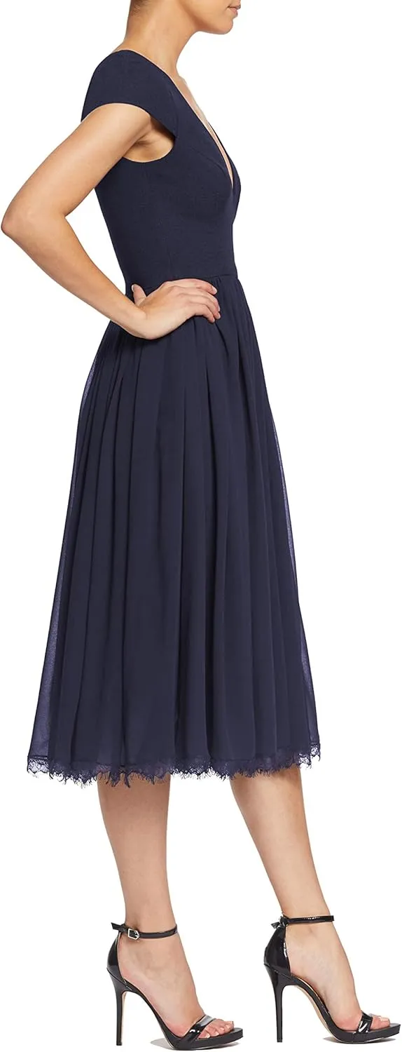 Dress the Population Women's Corey Plunging Mix Media Cap Sleeve A-line Midi Dress