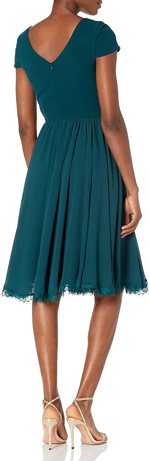 Dress the Population Women's Corey Plunging Mix Media Cap Sleeve A-line Midi Dress