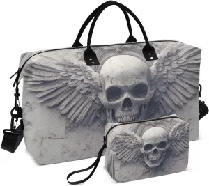 Duffel Bag Set for Travel Gym Sport, Weekender Bag Carry on Overnight Bags for Women Men-Skull Wing Print