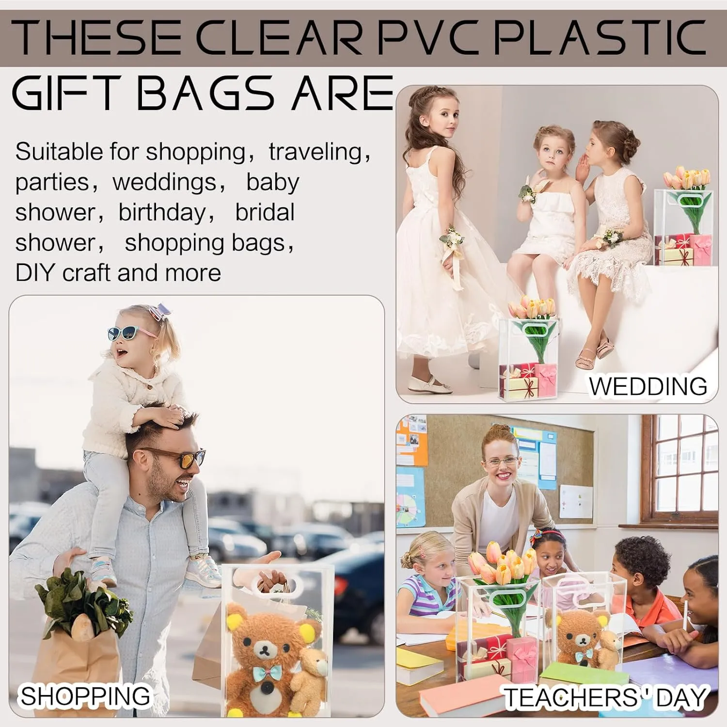 Dunzoom 20 Pcs Clear Plastic Gift Bag with Handles Reusable PP Favor Flower Bag for mother's Day Wedding Bridal Birthday Graduation(10.2 x 7.1 x 3.2'',White Trim)