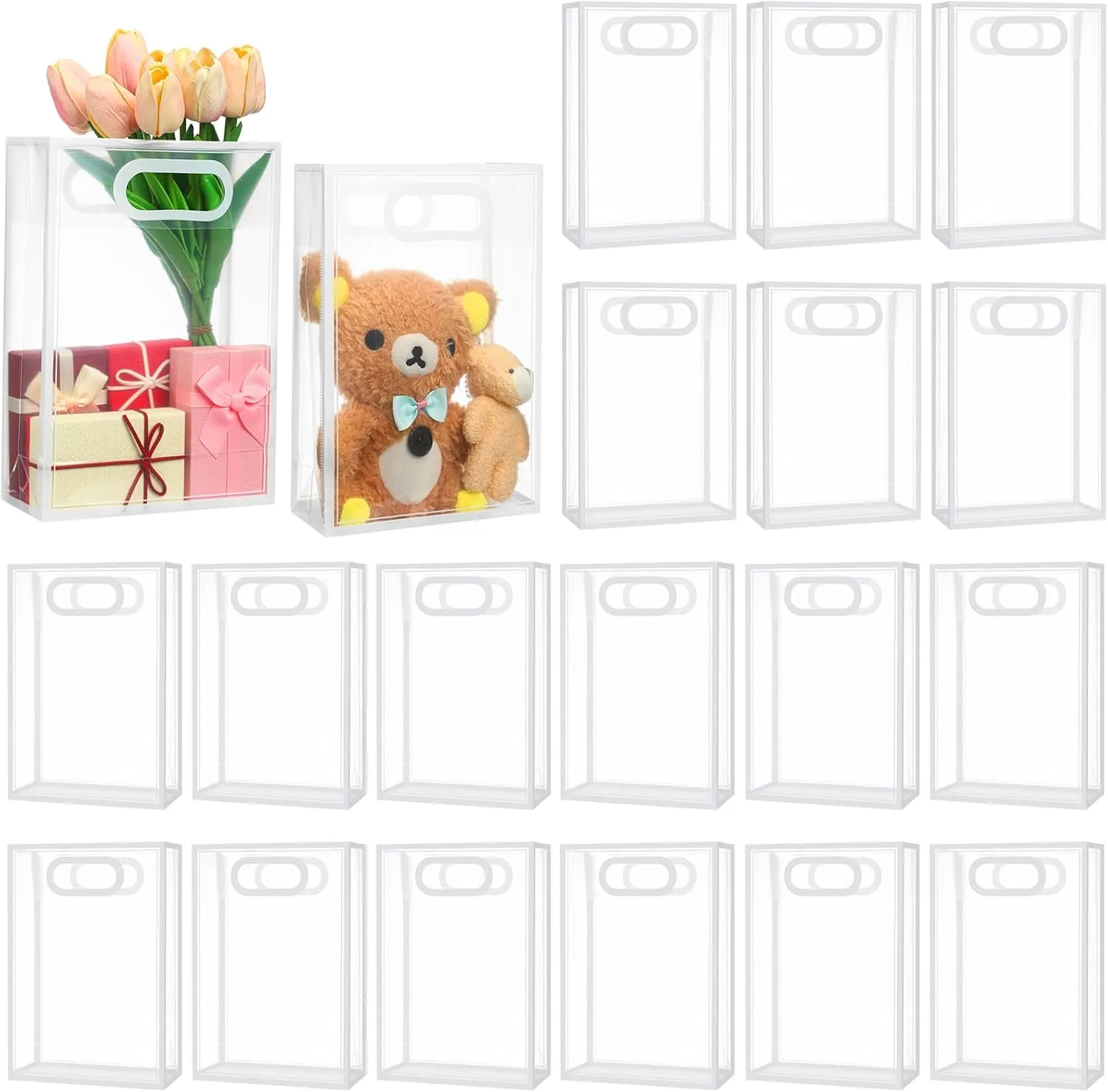 Dunzoom 20 Pcs Clear Plastic Gift Bag with Handles Reusable PP Favor Flower Bag for mother's Day Wedding Bridal Birthday Graduation(10.2 x 7.1 x 3.2'',White Trim)