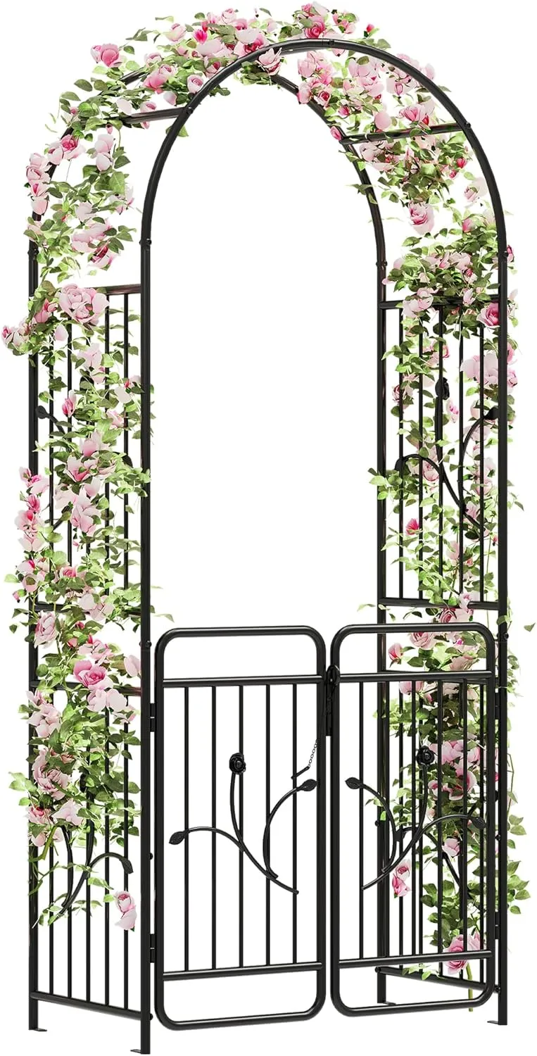 DWVO Metal Garden Arbor with Gate, 86" H Outdoor Lawn Arch for Climbing Plants, Roses, Vines, Wedding Archway Party Decor for Lawn, Patio, Backyard
