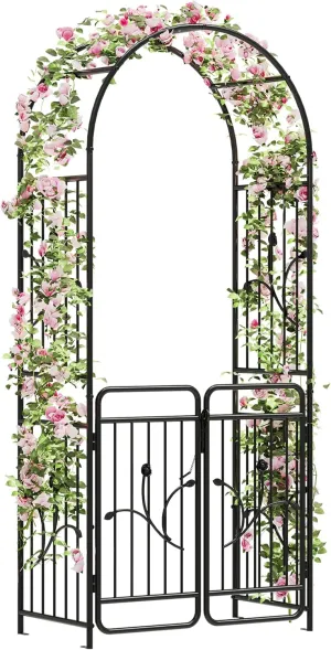 DWVO Metal Garden Arbor with Gate, 86" H Outdoor Lawn Arch for Climbing Plants, Roses, Vines, Wedding Archway Party Decor for Lawn, Patio, Backyard