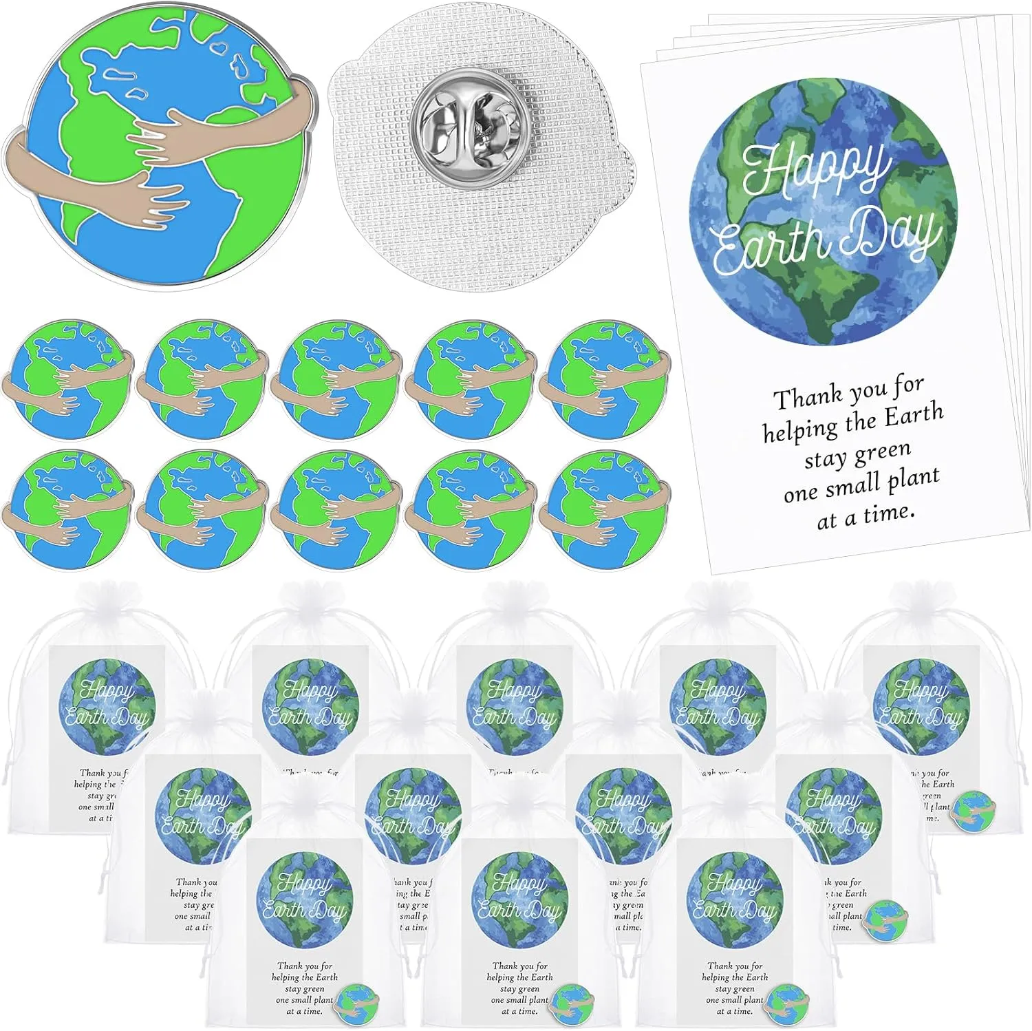 Earth Day Pins Thank You Gift Earth Day Lapel Brooches with Card Organza Bag for National Green Week Party Favor